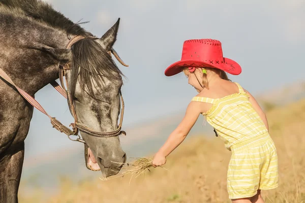 Fiatal, boldog lány lovaglás egy ló farm, rur szabadtéri portréja — Stock Fotó