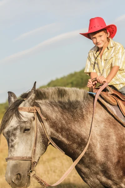 농장, rura에 말을 타고 행복 한 소년의 야외 초상화 — 스톡 사진