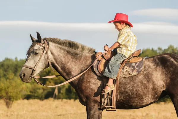 Outdoor portrait of young happy boy riding a horse on farm, rura — Stock Photo, Image