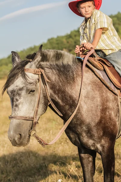 Utomhus porträtt av ung glad pojke som rider en häst på gården, rura — Stockfoto