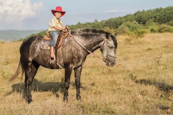 Retrato al aire libre de niño feliz montado en un caballo en la granja, rura —  Fotos de Stock