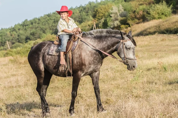 Retrato ao ar livre de jovem menino feliz montando um cavalo na fazenda, rura — Fotografia de Stock