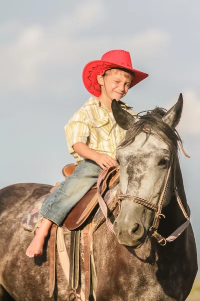 農業の農場で馬に乗って幸せな少年の屋外のポートレート — ストック写真