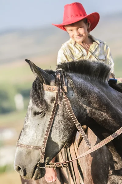 Utomhus porträtt av ung glad pojke som rider en häst på gården, rura — Stockfoto