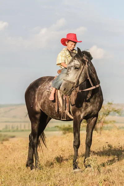 Kültéri álló fiatal boldog fiú lovaglás egy ló farm, rura — Stock Fotó