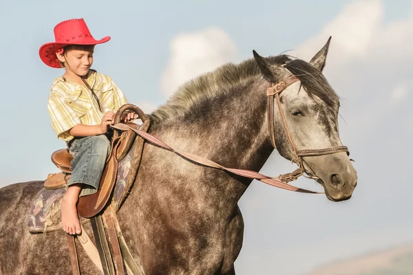 Outdoor portrait of young happy boy riding a horse on farm, rura — Stock Photo, Image