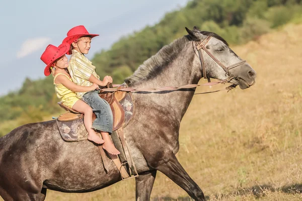 Zwei junge glückliche Kinder auf einem Pferd auf einem Bauernhof, im Freien Portrait auf — Stockfoto