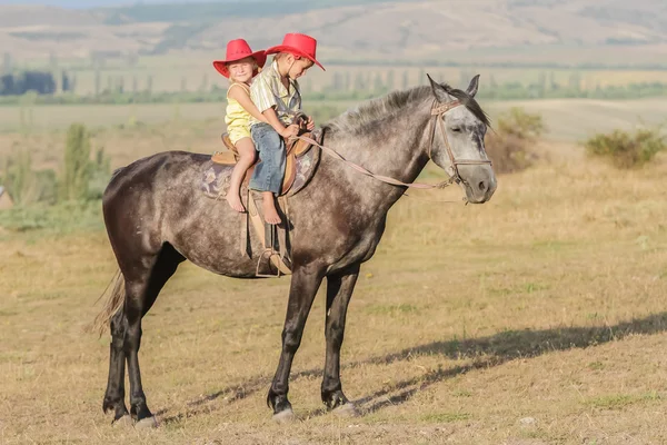 iki genç mutlu çocuklar bir çiftlikte, açık portre üzerinde binicilik