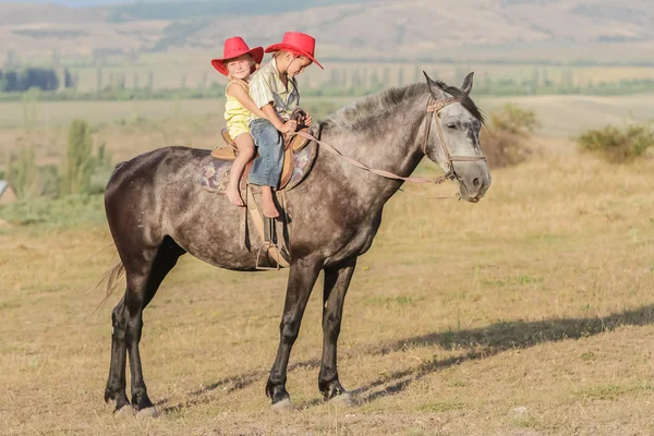 iki genç mutlu çocuklar bir çiftlikte, açık portre üzerinde binicilik