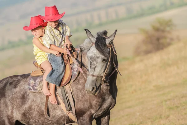 Twee jonge gelukkige jonge geitjes het berijden van een paard op de boerderij, outdoor portret op — Stockfoto