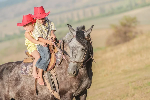 Two young happy kids riding a horse on farm, outdoor portrait on — Stock Photo, Image