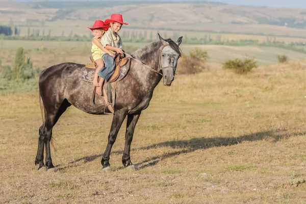 iki genç mutlu çocuklar bir çiftlikte, açık portre üzerinde binicilik
