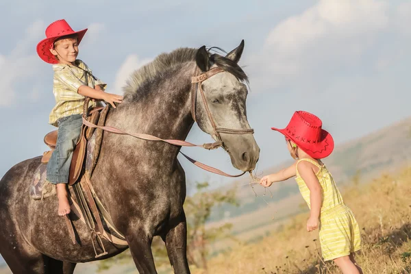 Two young happy kids riding a horse on farm, outdoor portrait on — Stock Photo, Image