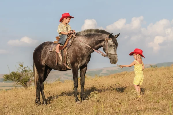 Twee jonge gelukkige jonge geitjes het berijden van een paard op de boerderij, outdoor portret op — Stockfoto