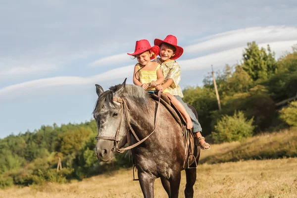 Δύο νέοι ευτυχής παιδιά ιππασίας ένα άλογο σε αγρόκτημα, πορτραίτου για — Φωτογραφία Αρχείου