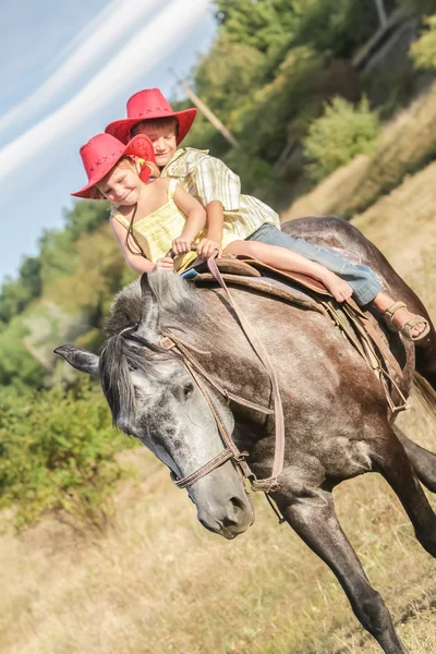 Dos jóvenes niños felices montando un caballo en la granja, retrato al aire libre en —  Fotos de Stock