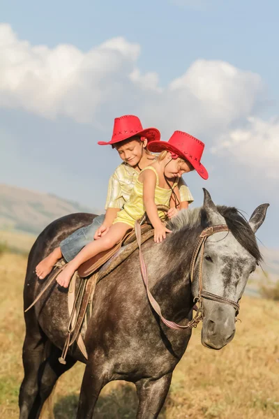 Dos jóvenes niños felices montando un caballo en la granja, retrato al aire libre en —  Fotos de Stock