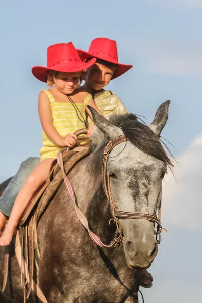 Deux jeunes enfants heureux chevauchant un cheval à la ferme, portrait extérieur sur — Photo