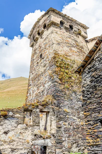 Oude stenen toren in Georgië, berg achtergrond — Stockfoto