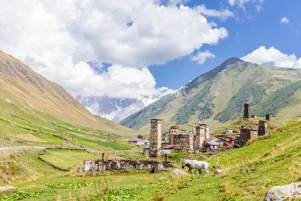 Oude stenen toren in Georgië, berg achtergrond — Stockfoto