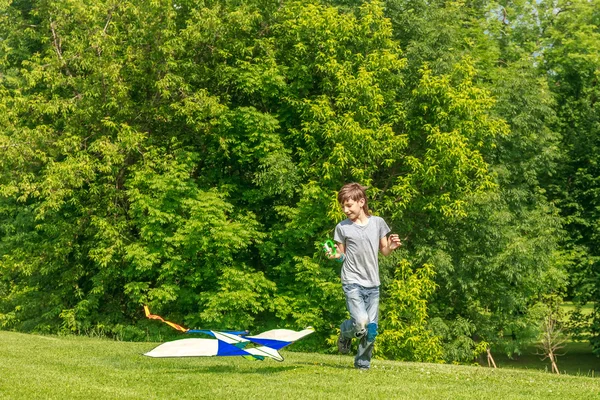 Jovem menino feliz brincando com papagaio brilhante no parque. Verão h — Fotografia de Stock