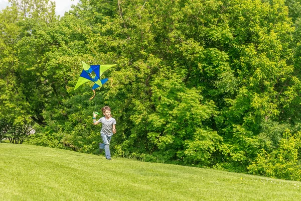 Young happy child boy playing with bright kite in park. summer h — Stock Photo, Image