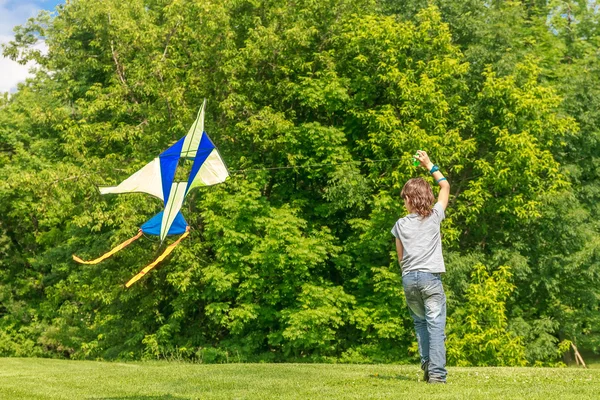 Nuori onnellinen lapsi poika leikkii kirkas leija puistossa. kesä h — kuvapankkivalokuva