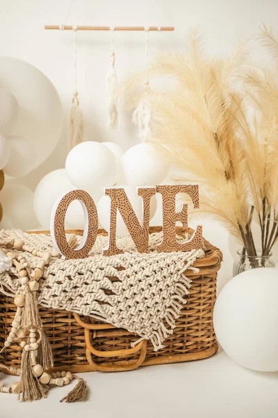 One Year Birthday Studio Setup Balloons Decorations — Stock Photo, Image