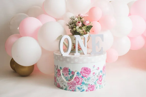 One Year Girl Birthday Studio Decorations — Stock Photo, Image