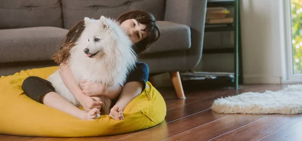 Porträtt Vit Valp Japansk Spitz Hund Leker Med Flicka Hemma — Stockfoto