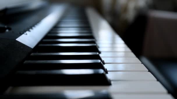 Акустическая или цифровая клавиатура, черно-белые клавиши для фортепиано, музыкальное оборудование — стоковое видео