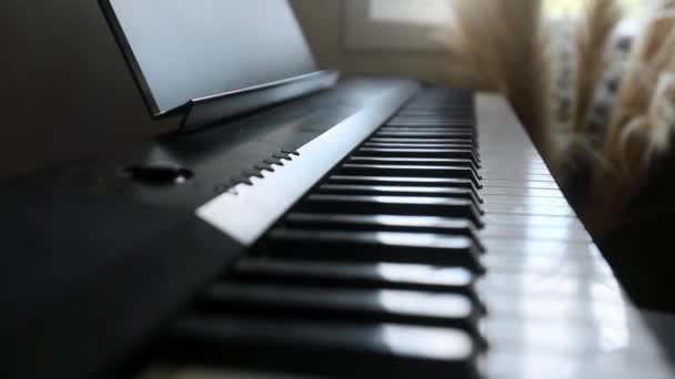 Acoustic or digital piano keyboard, black and white piano keys, music equipment — Stock Video