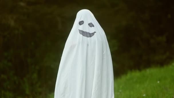 Niño disfrazado de fantasma para Halloween, disfraz de niño de un fantasma, sesión al aire libre, fondo natural — Vídeos de Stock