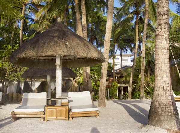 Deck chairs on tropical beach — Stock Photo, Image