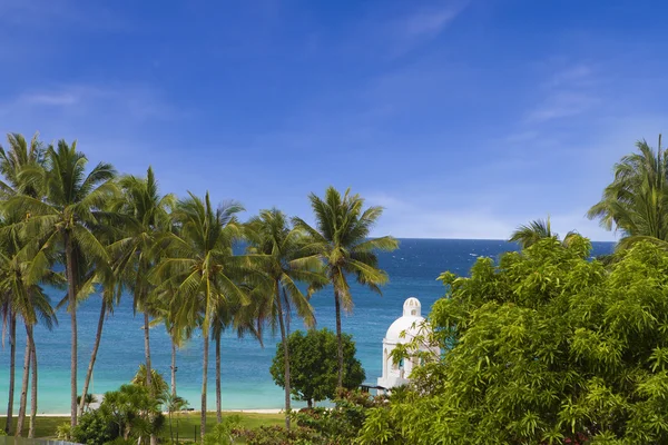 Paisaje tropical con palmeras y cielo azul — Foto de Stock