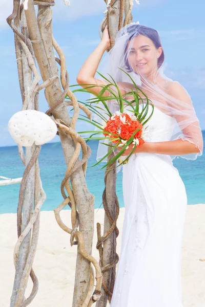 Retrato ao ar livre de jovem bela noiva mulher no vestido de noiva — Fotografia de Stock