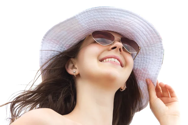 Joven feliz mujer en aislado blanco fondo — Foto de Stock