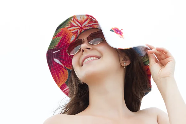 Joven feliz mujer en aislado blanco fondo — Foto de Stock