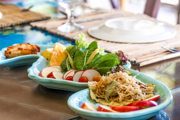 Table setup in outdoor cafe, small restaurant in a hotel, summer — Stock Photo, Image