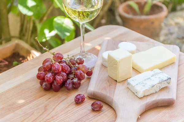 Different types of cheese with wine and grapes on natural backgr — Stock Photo, Image