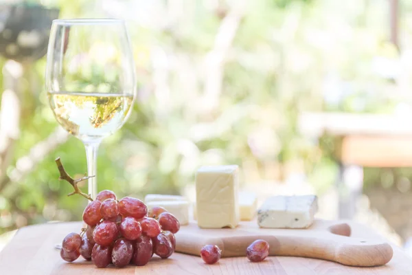 Different types of cheese with wine and grapes on natural backgr — Stock Photo, Image