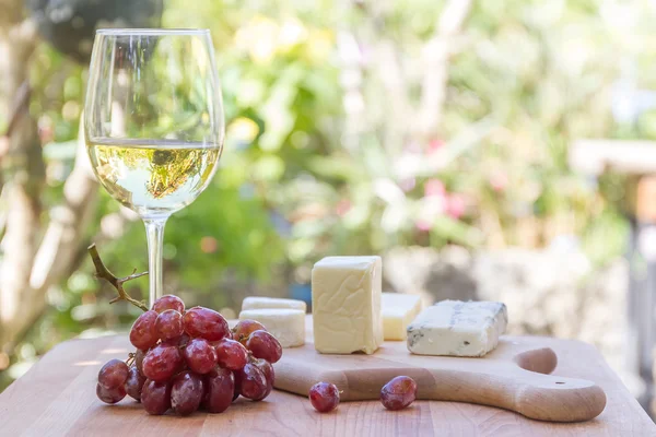 Diversi tipi di formaggio con vino e uva su sfondo naturalegr — Foto Stock