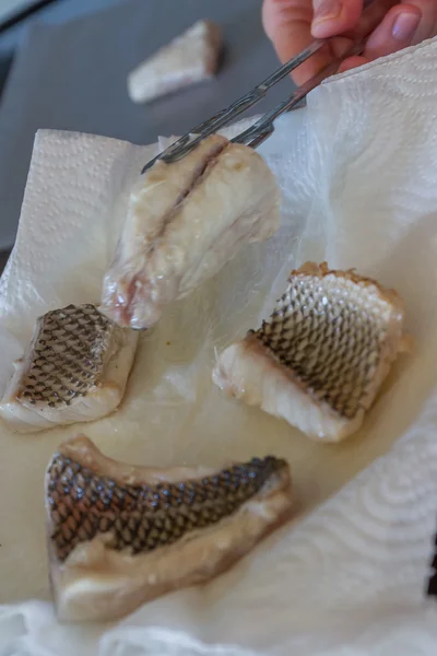 Slightly fried fish slices ready for cooking — Stock Photo, Image