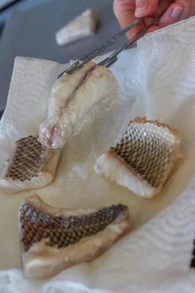 Biraz kızarmış balık dilimleri yemek pişirmek için hazır — Stok fotoğraf