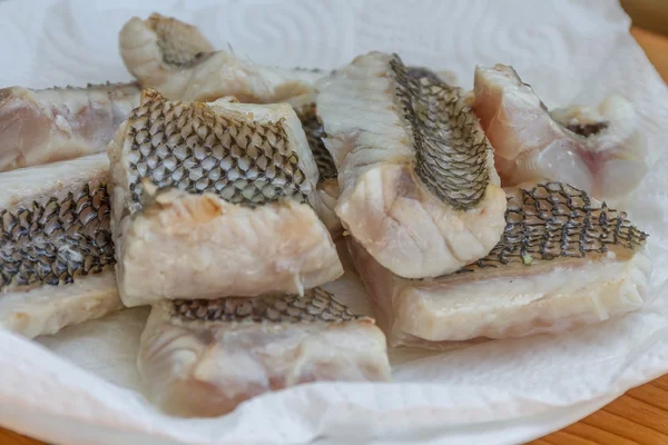 Slightly fried fish slices ready for cooking — Stock Photo, Image