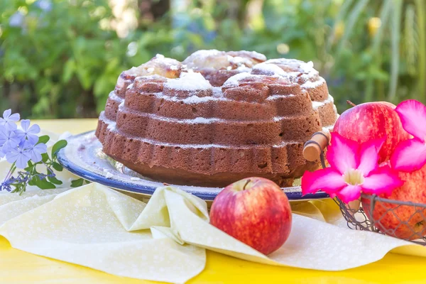 Freshly baked home-made banana apple cake on natural background — Stock Photo, Image