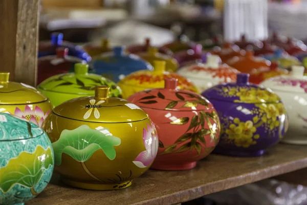 Decorated pot, painted rice cup, souvenir shop — Stock Photo, Image