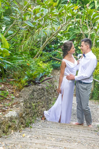 Bride and groom on their wedding day on natural tropical forest — Stock Photo, Image