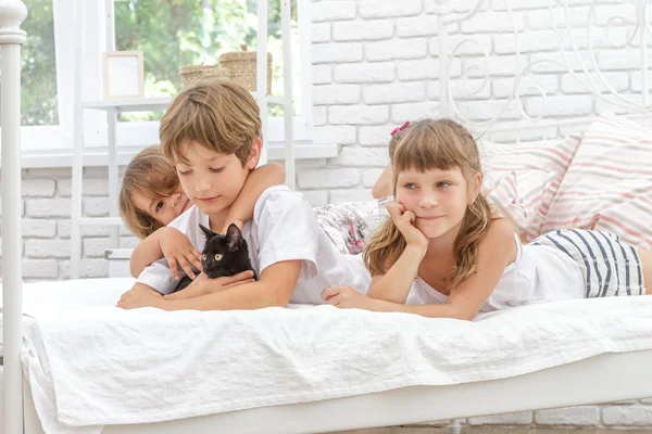 Three children, kids, boy and girls, playing with black little c — Stock Photo, Image