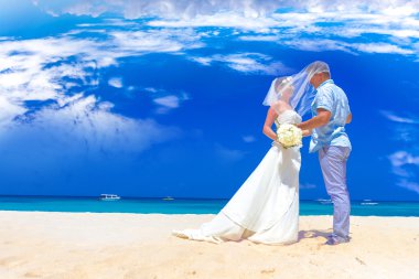 beach düğün t mutlu gelin ve Damat Düğün gününde, açık